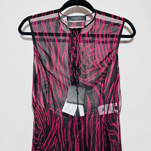 NWT $5,025 Versace Runway SS2023 Sheer Zebra Plisse Dress Red Black IT 40/US 4 - Picture 9 of 16